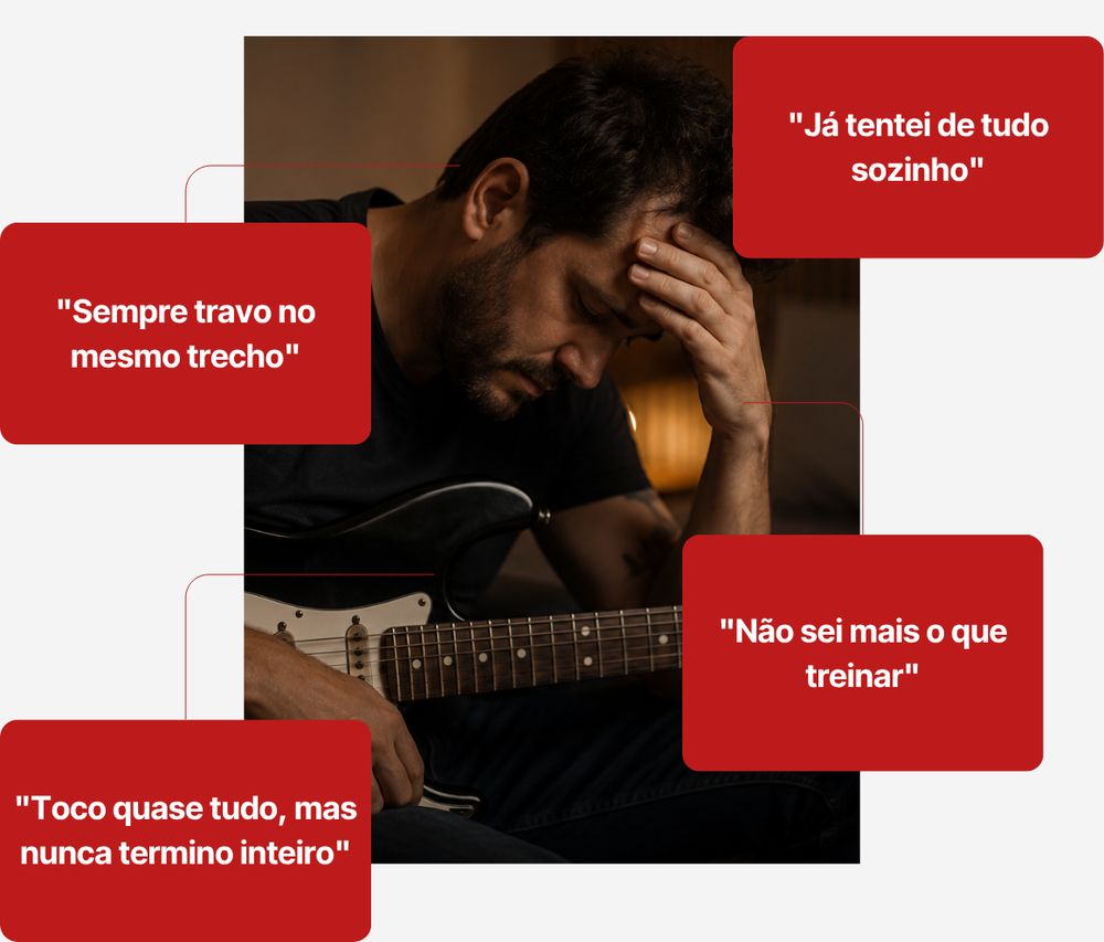 Guitarrista frustrado com os pensamentos de trava